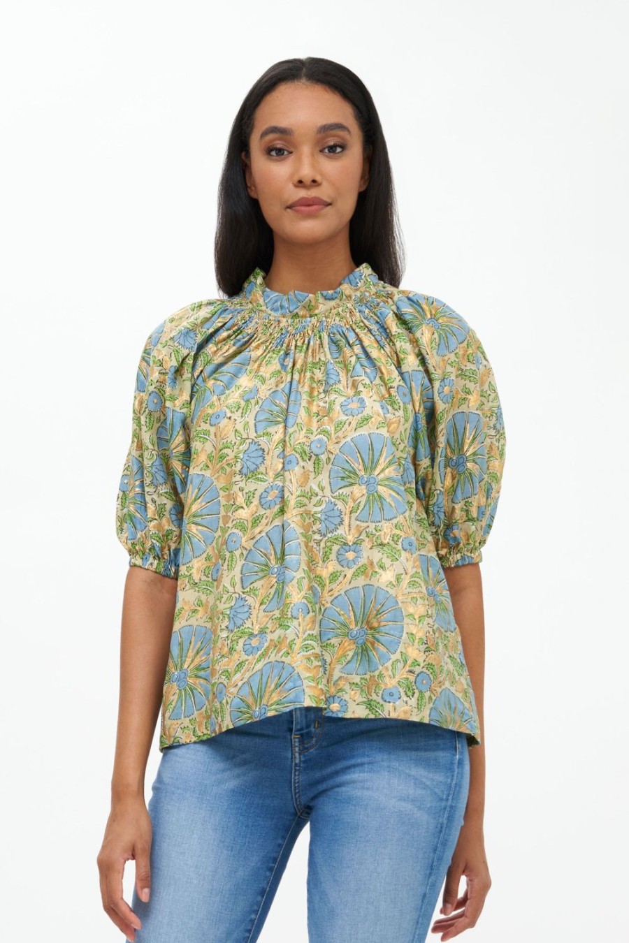 Clothing Oliphant | Smocked Neck Top- Ankara Blue