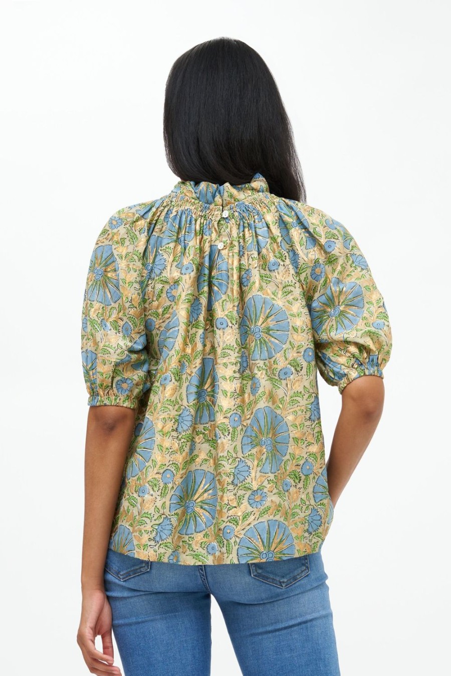 Clothing Oliphant | Smocked Neck Top- Ankara Blue