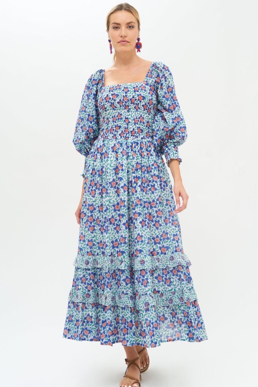 Clothing Oliphant | Smocked Top Ruffle Midi- Jardin Blue