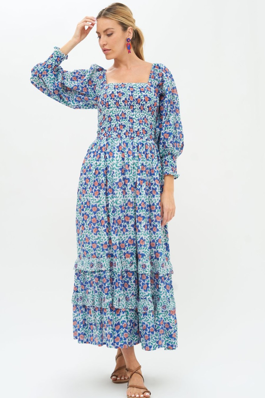 Clothing Oliphant | Smocked Top Ruffle Midi- Jardin Blue