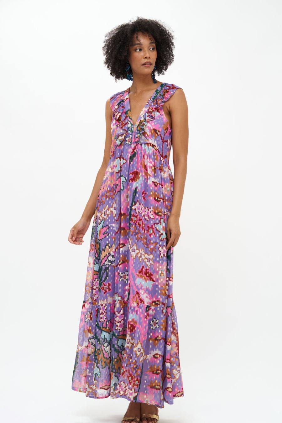 Clothing Oliphant | Ruffle V-Neck Maxi- Bukhara Lavender