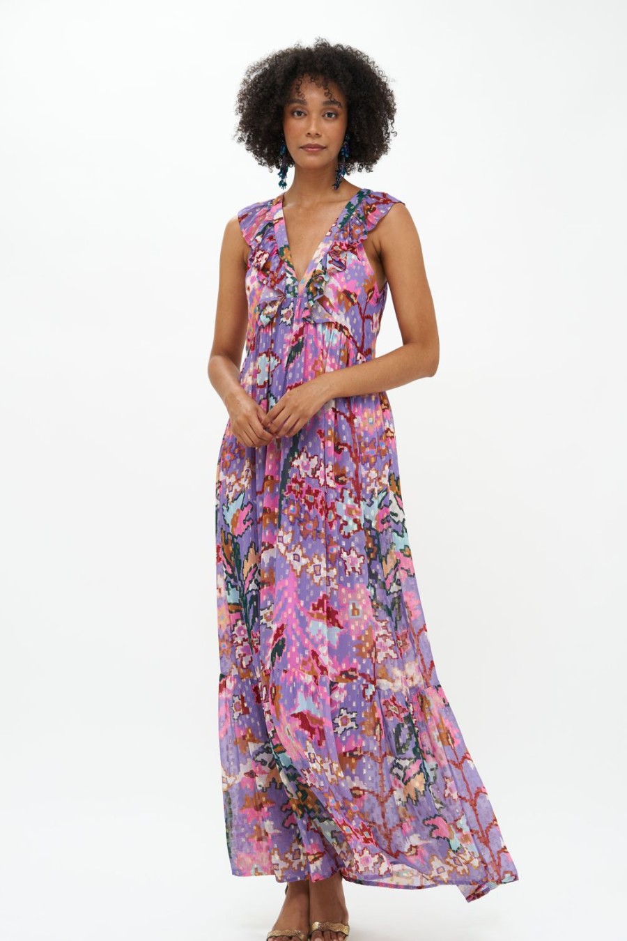 Clothing Oliphant | Ruffle V-Neck Maxi- Bukhara Lavender