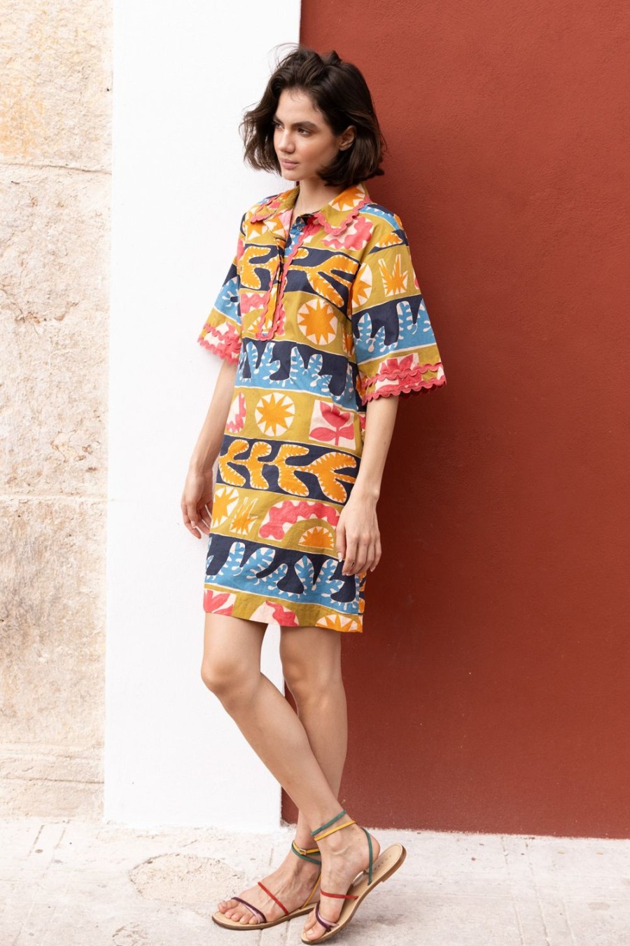 Clothing Oliphant | Collared Shirt Dress Mini- Canyon Red