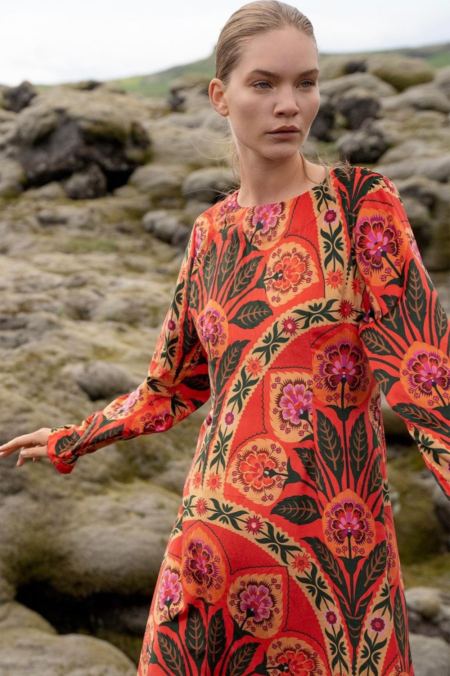 Clothing Oliphant | Long Sleeve Shift Maxi- Positano Red