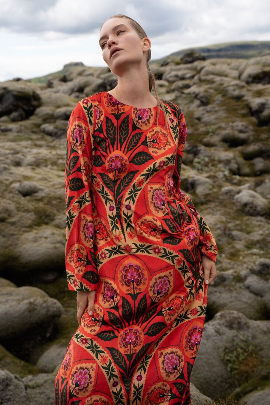 Clothing Oliphant | Long Sleeve Shift Maxi- Positano Red