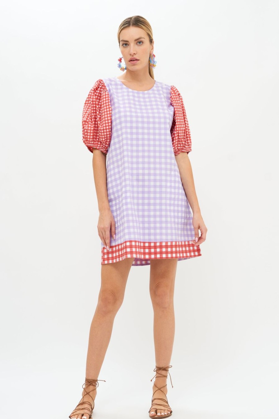 Clothing Oliphant | Puff Crew Neck- Gingham Lavender