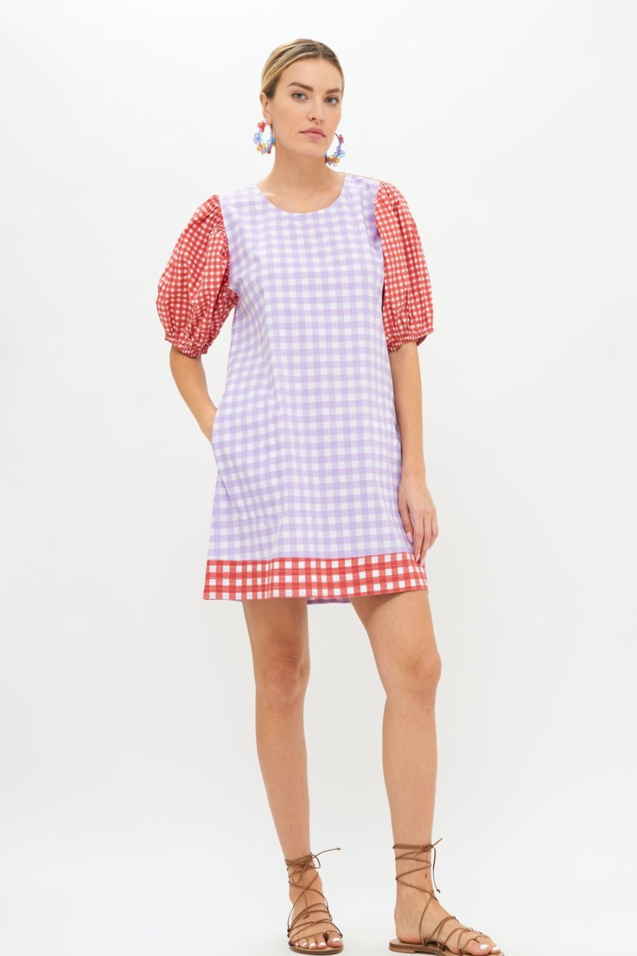 Clothing Oliphant | Puff Crew Neck- Gingham Lavender