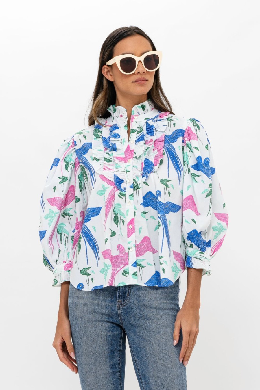 Clothing Oliphant | Ruffle Front Button Blouse- Macaw Blue