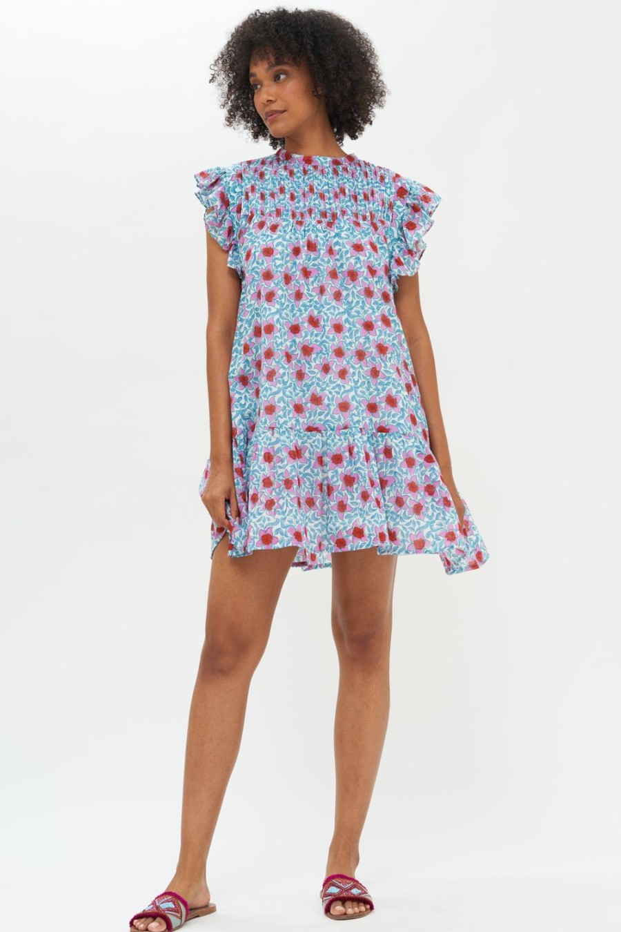 Clothing Oliphant | Short Sleeve Pintuck Flirty Dress- Jardin Turquoise