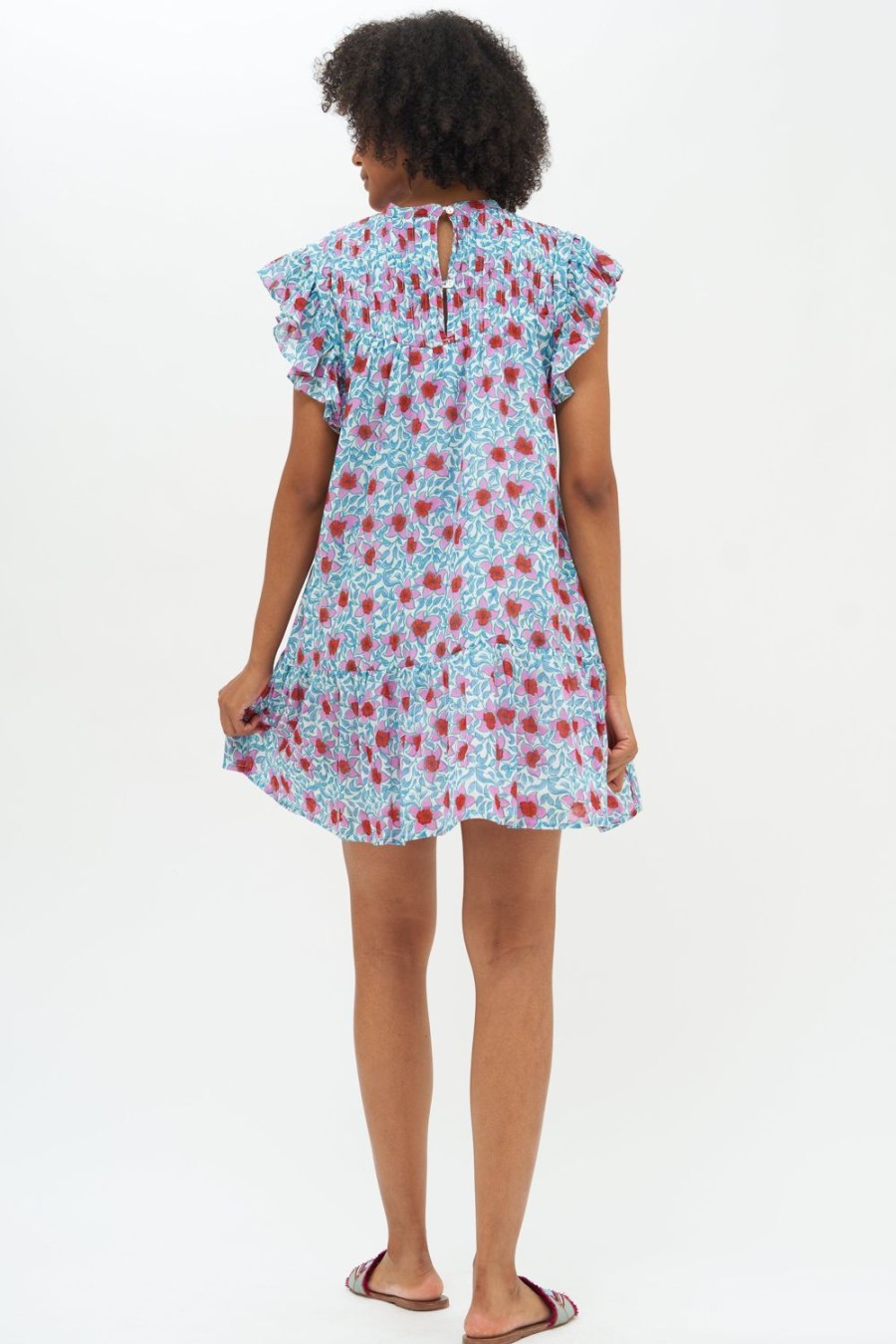 Clothing Oliphant | Short Sleeve Pintuck Flirty Dress- Jardin Turquoise