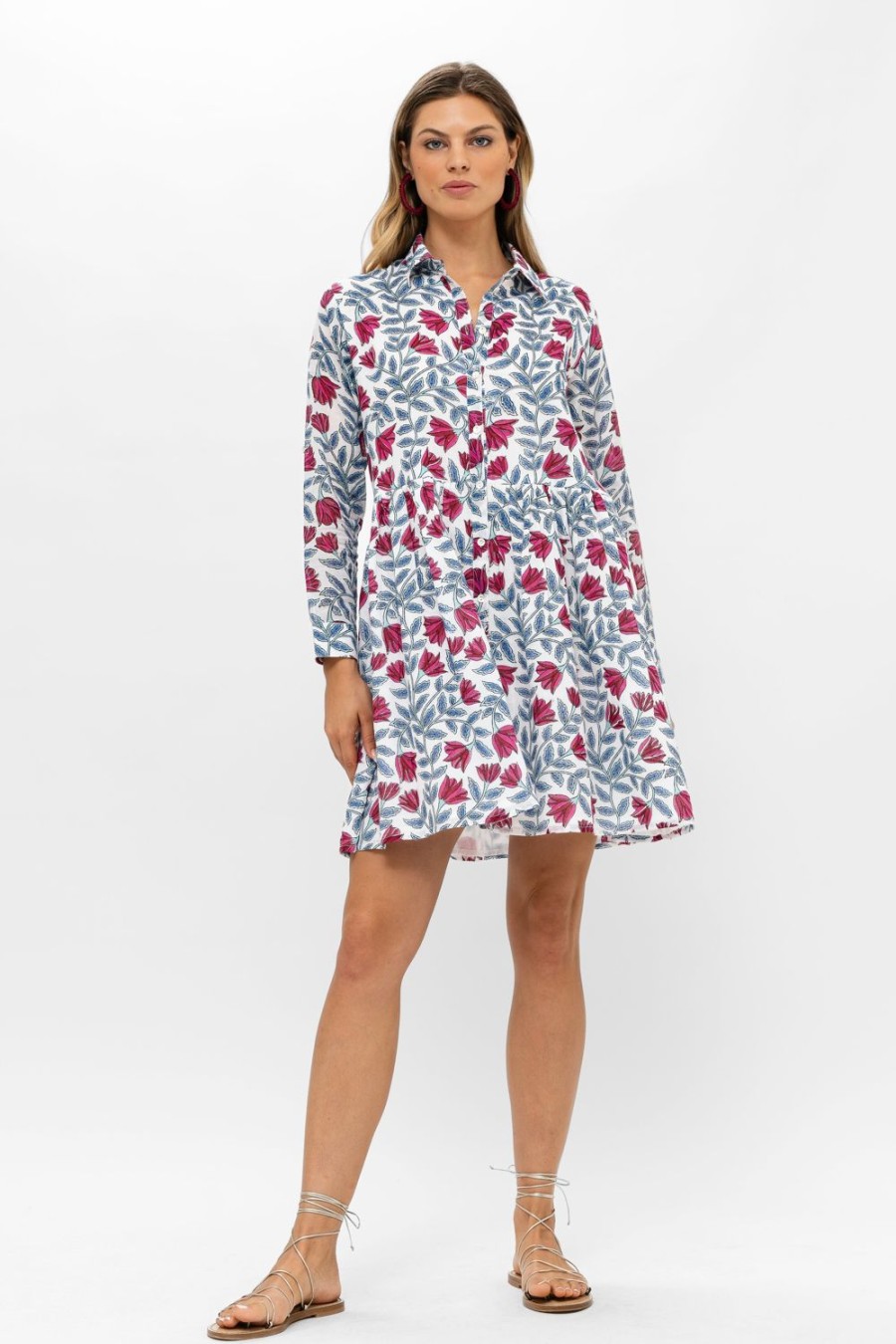 Clothing Oliphant | Long Sleeve Shirt Dress Mini- Harlan Red