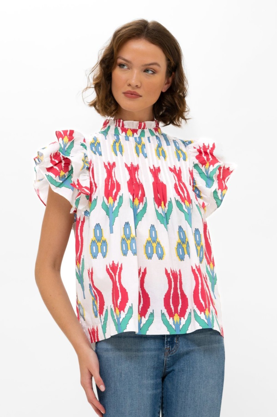 Clothing Oliphant | Pintuck Ruffle Top- Sumba Red