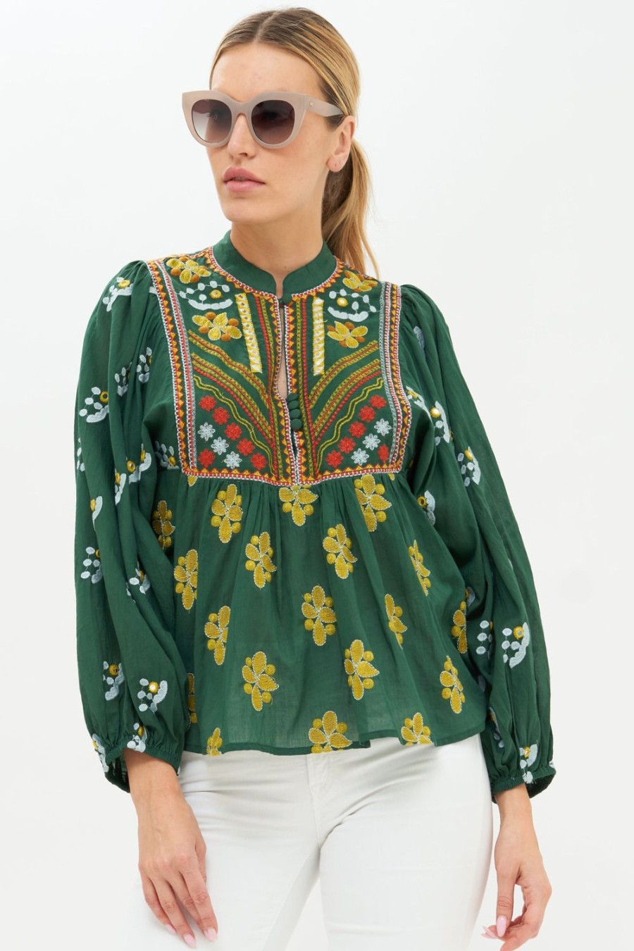 Clothing Oliphant | Mandarin Balloon Top- Lucknow Green