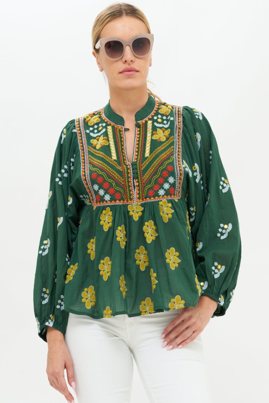 Clothing Oliphant | Mandarin Balloon Top- Lucknow Green