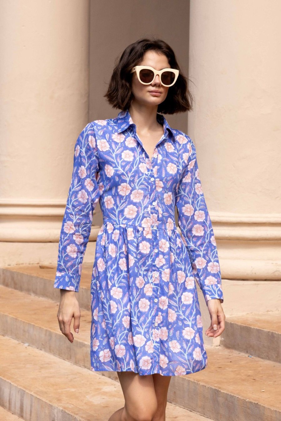 Clothing Oliphant | Long Sleeve Shirt Dress Mini- Amalfi Peri