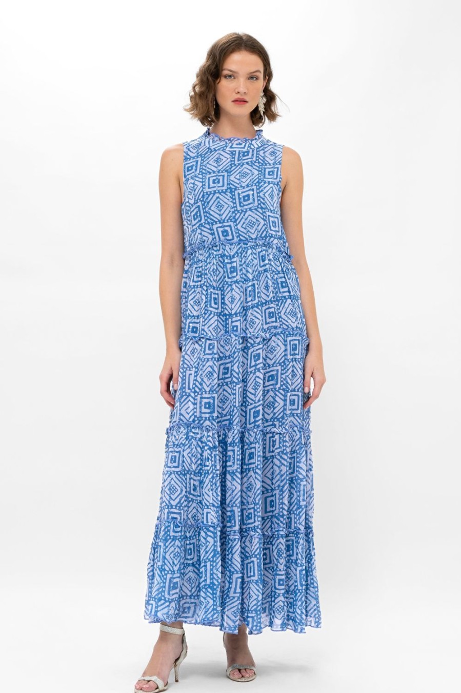 Clothing Oliphant | Ruffle Tiered Maxi- Bali Blue