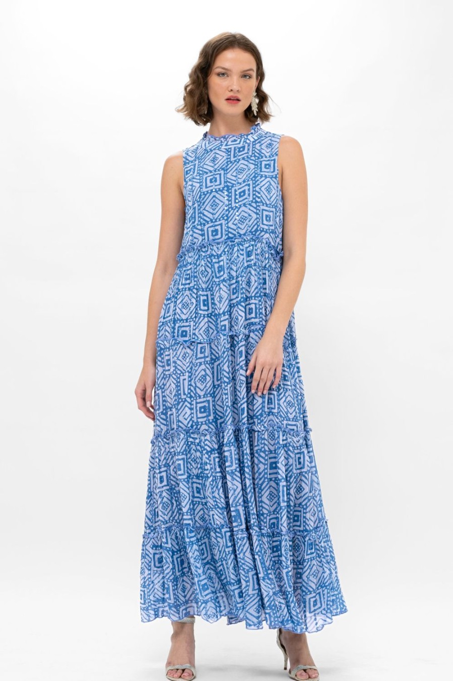 Clothing Oliphant | Ruffle Tiered Maxi- Bali Blue