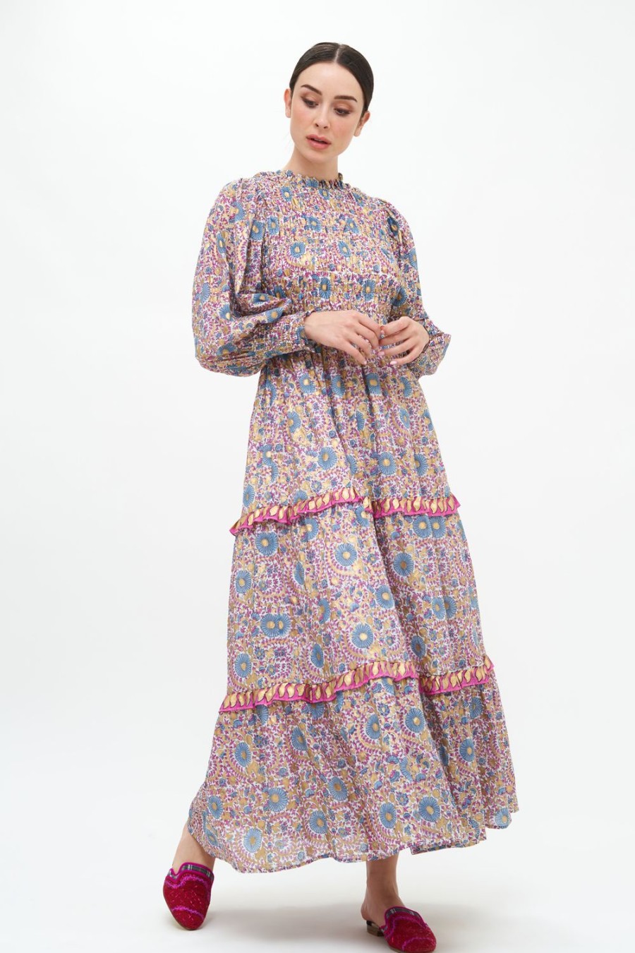 Clothing Oliphant | Smocked Maxi 3/4 Sleeve- Corum Blue