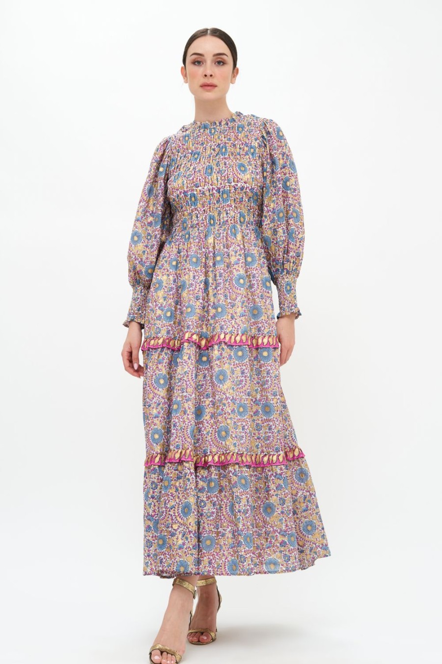 Clothing Oliphant | Smocked Maxi 3/4 Sleeve- Corum Blue