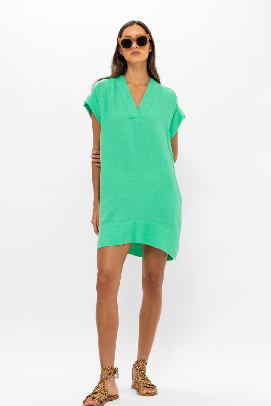 Clothing Oliphant | V-Neck Roll Sleeve Mini- Bahama Green