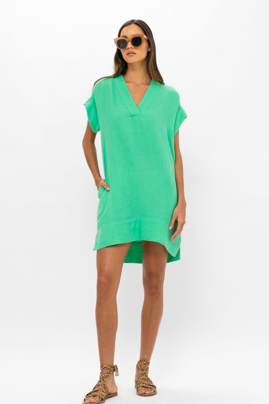 Clothing Oliphant | V-Neck Roll Sleeve Mini- Bahama Green