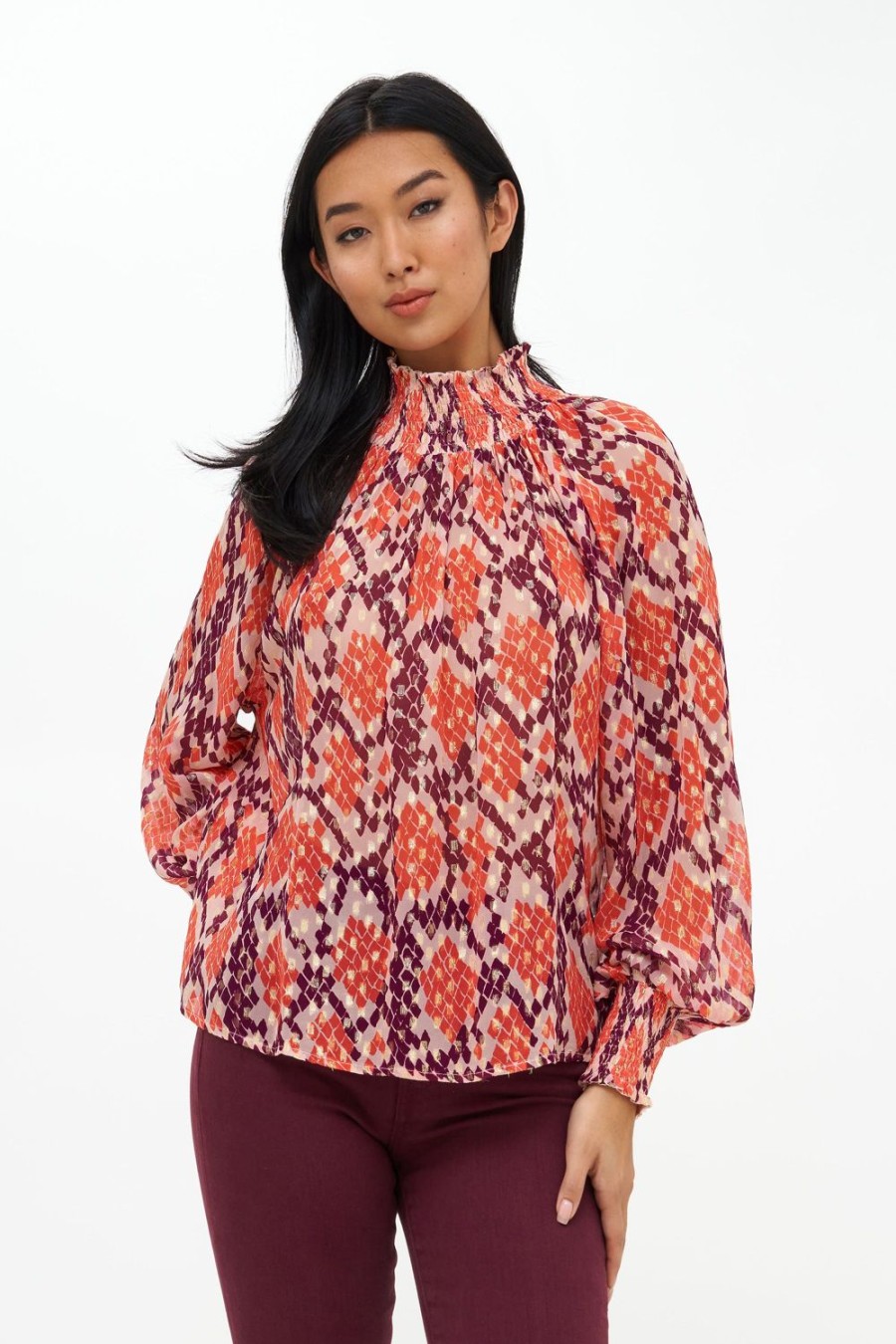 Clothing Oliphant | High Neck Blouse- Python Coral