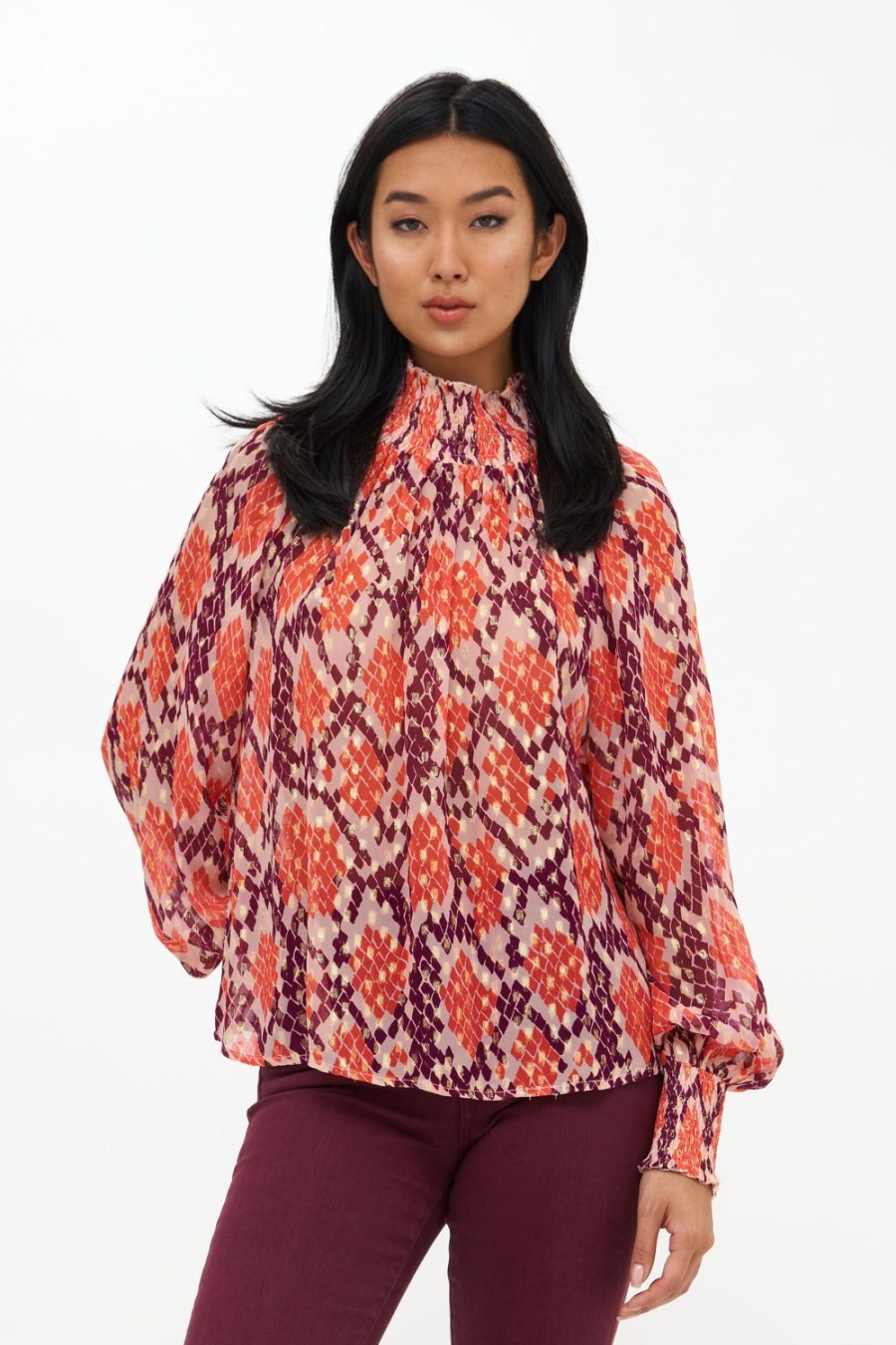 Clothing Oliphant | High Neck Blouse- Python Coral