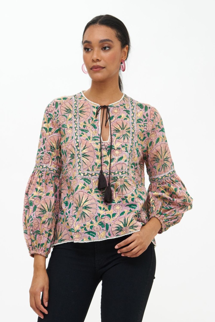 Clothing Oliphant | Balloon Sleeve Tie Top- Ankara Rose