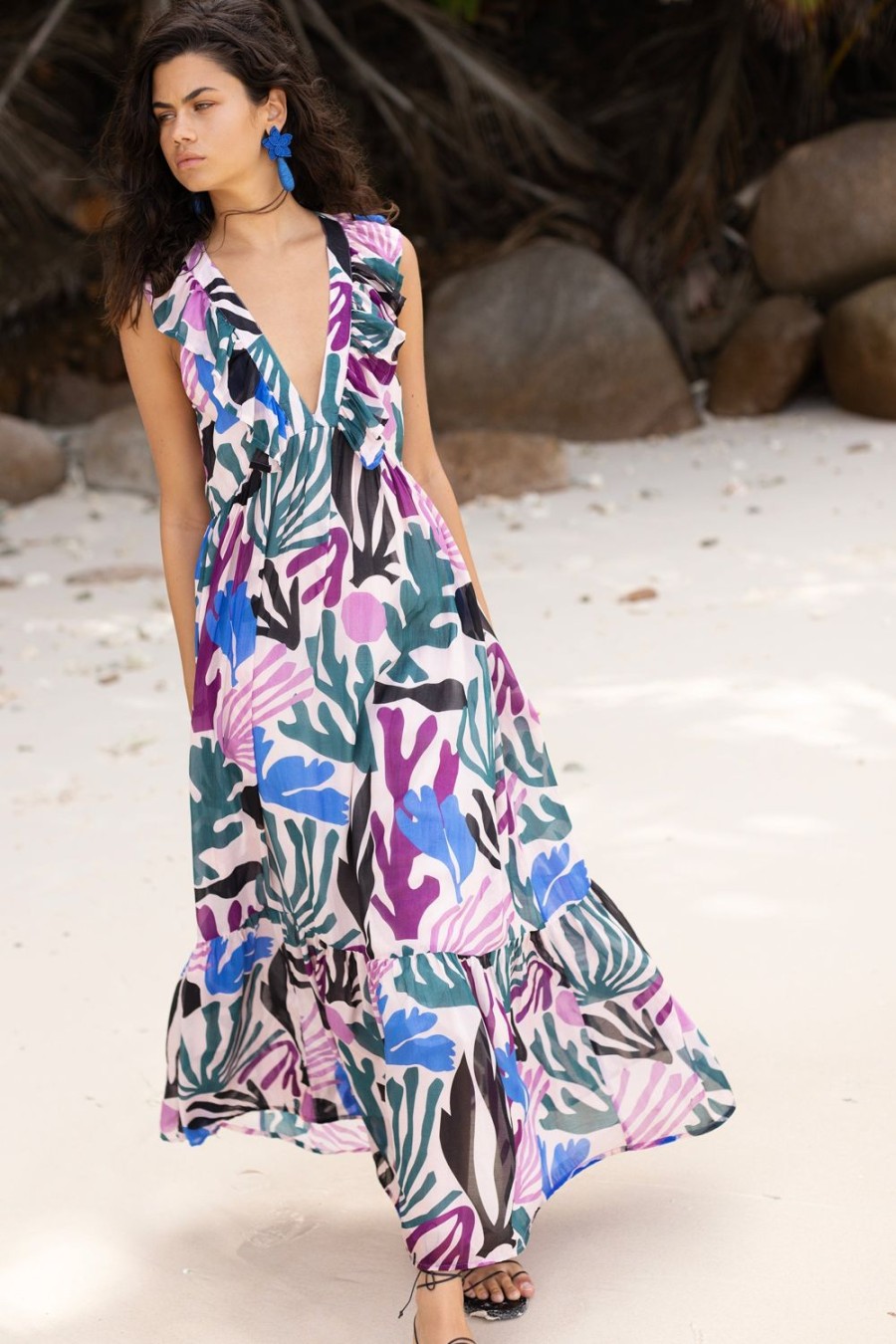 Clothing Oliphant | Ruffle V-Neck Maxi- Reef Magenta