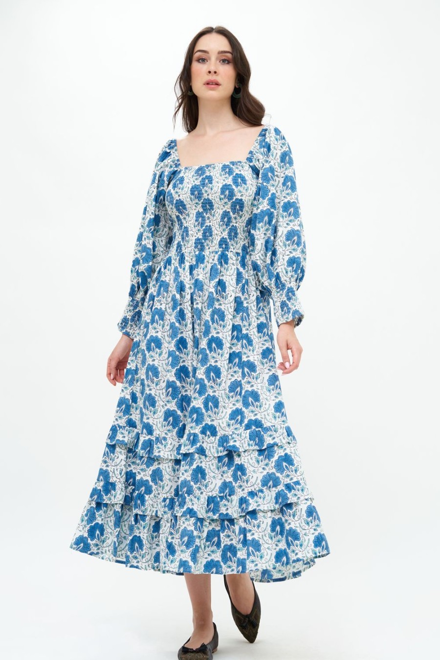 Clothing Oliphant | Smocked Top Ruffle Midi- Morrison Blue