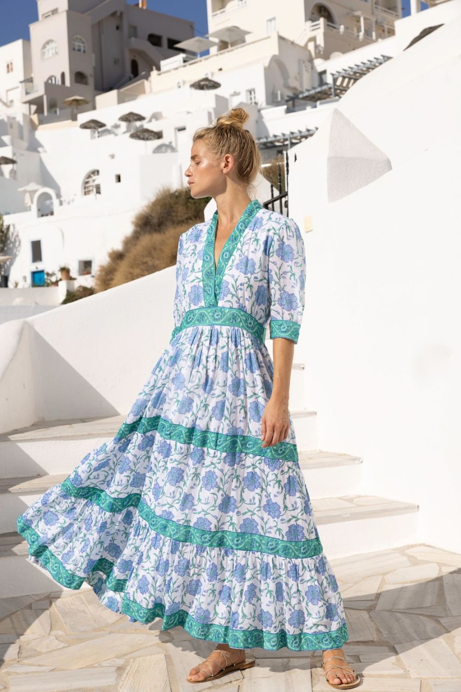 Clothing Oliphant | V-Neck Cuffed Maxi- Poppy Blue