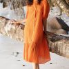 Clothing Oliphant | Button Puff Sleeve Midi- Sunset Orange